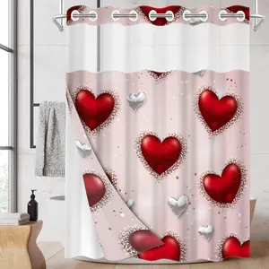 1pc hookless shower curtain with buckle lining, Valentine's Day red, white and gold heart pattern design, 2D flat printing, fabric waterproof lining, see-through double-layer shower curtain, 71 x 74 inches, modern home draping curtain.