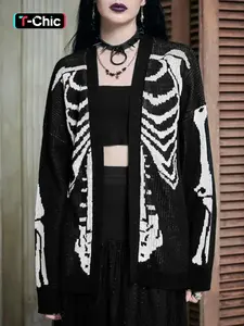 Women's Skeleton Print Drop Shoulder Knitted Cardigan, Casual Style Knitting Long Sleeve Open Front Knitwear for Fall & Winter, Women's Clothing for Daily Wear Cardigans for Women, Halloween, Knitting Sweater Cardigan