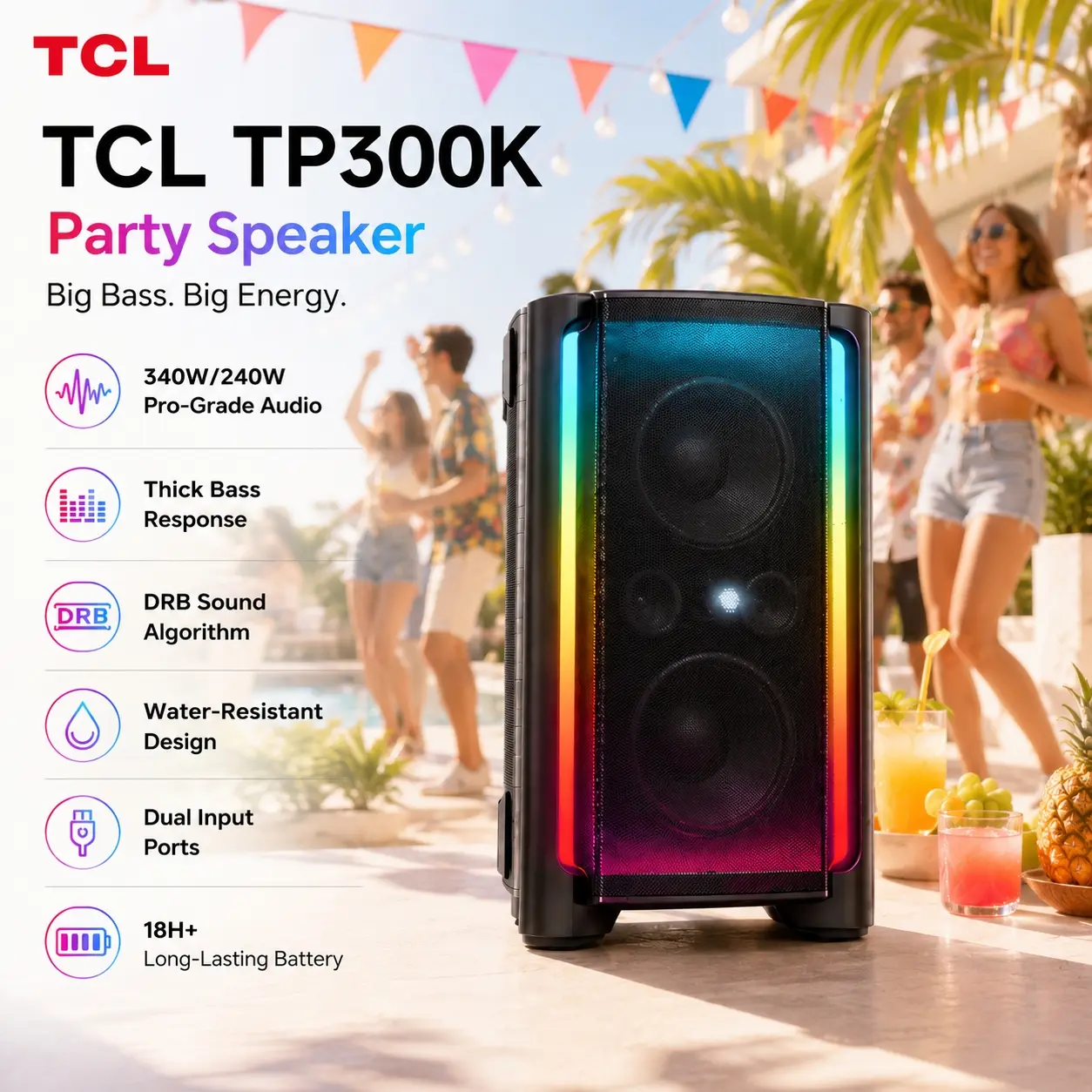 TCL TP300K & TP200K Portable Bluetooth Party Speaker with 8 RGB Dynamic Light Shows, 18 Hr Battery, and IPX4 Splash-Proof Rating TCL TP300K & TP200K Portable Bluetooth Party Speaker with 8 RGB Dynamic Light Shows, 18 Hr Battery, and IPX4 Splash-Proof Rating