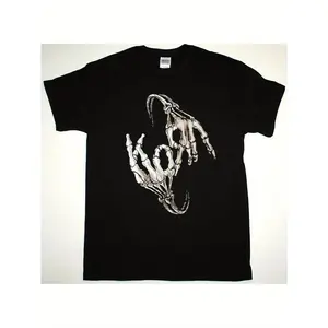Men's Korn Skull Finger Logo T-Shirt - Casual Black Cotton T-Shirt, Loose Version, Durable and Machine Washable, Suitable for Casual Wear, Large Size ivan cornejo merch graphic tees shirts men men gifts Round Neck Shortsleeve Menswear Tropical Fabric Top