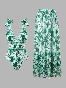 Women's All Over Floral Print Tie Shoulder Backless One-Piece Swimsuit & Layered Ruffle Hem Cover Up Skirt Set, swimsuit cover ups, Casual Fashion Chic Swimwear Set for Beach Holiday Vacation, Ladies Swimsuit for All Seasons
