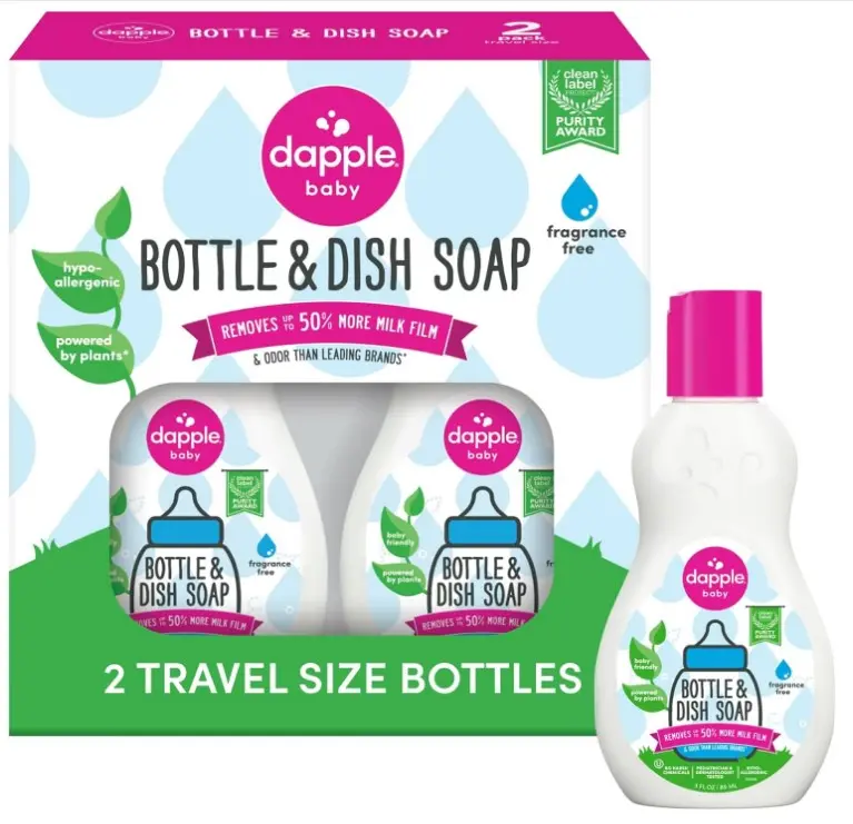 Dapple Baby Bottle Soap, Hypoallergenic Dish Soap for Baby Bottles, Powered by Plants, Travel Size, Fragrance Free, 3 Fl Oz (Pack of 2)