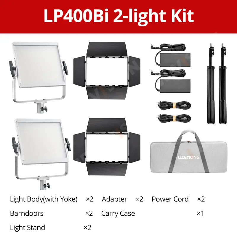 Godox LP400Bi 2-light Kit with Light Body Yoke Adapter Power Cord Barndoors Carry Case and Light Stand for Professional Photography
