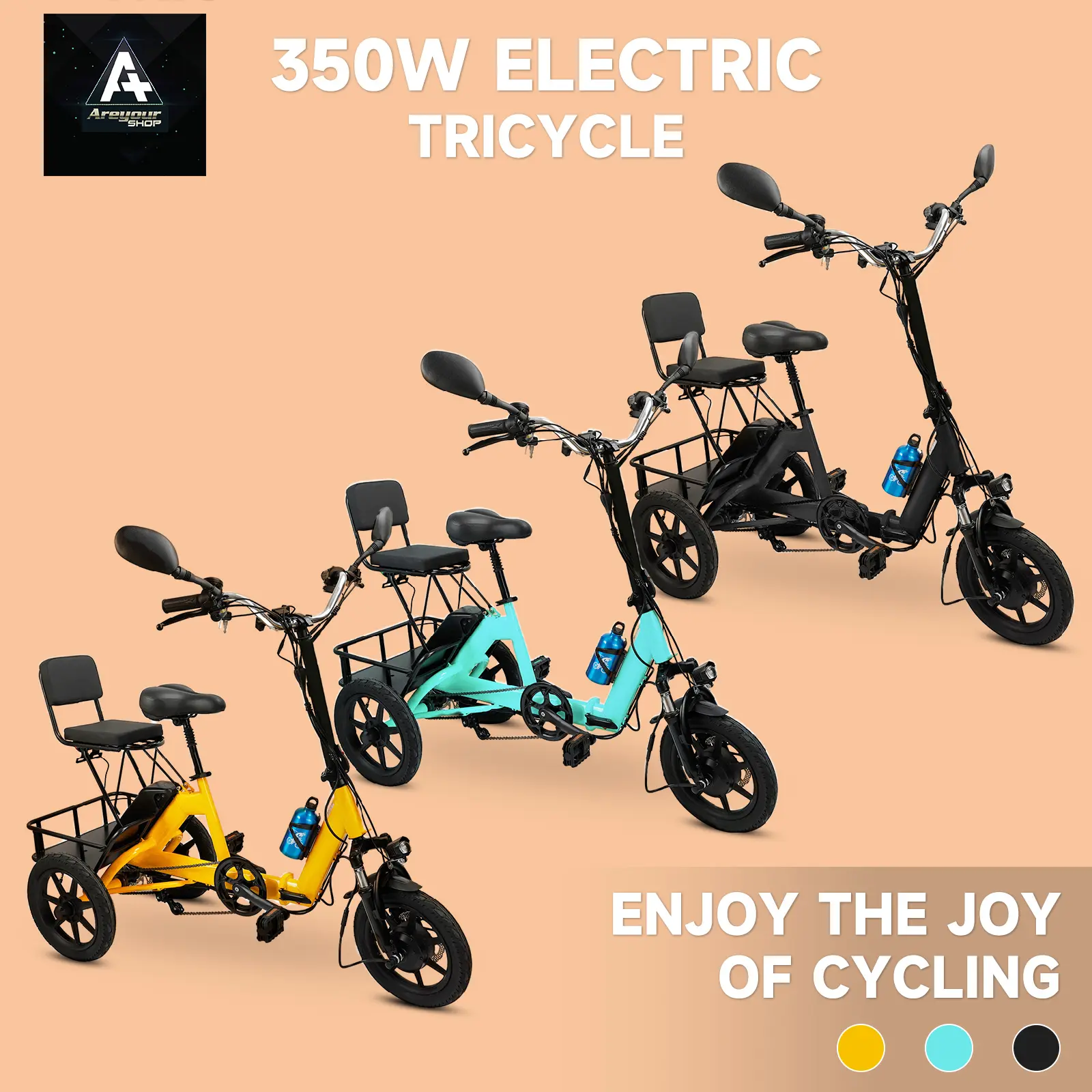 350W Foldable Three-Wheel Electric Tricycle for Adults Older 3-Wheel Motorized Folding E-Trike with 3 Riding Modes