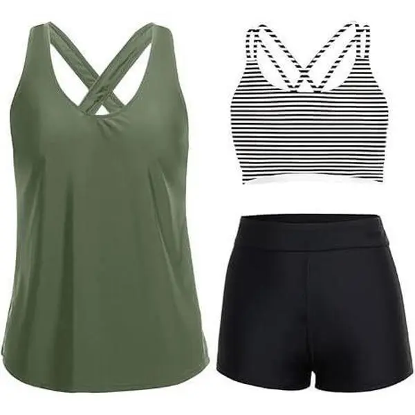 Women 3‑Piece Quick‑Dry Tankini Swimsuit Set, Crisscross Back Tank Top with Sports Bra and High‑Waist Swim Shorts, Modest Bathing Suit for Beach, Pool and Vacation