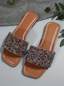 Women's PU Leather Square Toe Slip-On Sandals, Summer Outdoor Anti-Slip Cool Slippers, Casual Party Dating Versatile Shoes