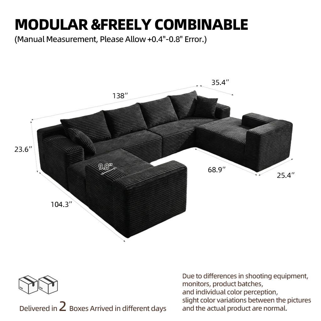 Boneless Cloud Sofa Set - [2-Package Shipping] 120.4-in Extra-Large Flexible 8-Seater U-Shape Modular Sectional Couch with Chaise Lounges, 4-in-1 Convertible Deep-Seat Corner Living Room Furniture, Fully Assembled, Cloud Sofa Living Room Furniture
