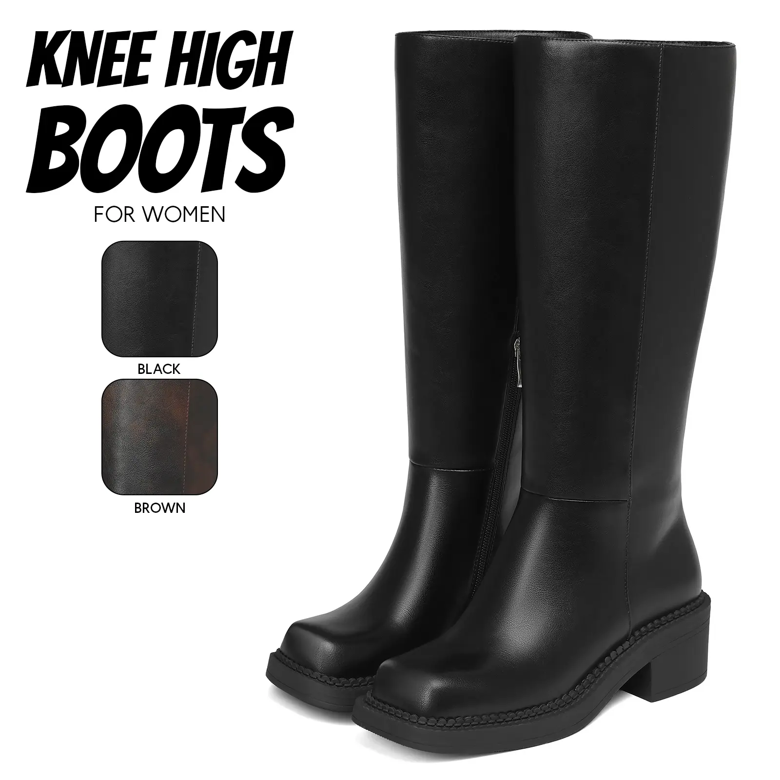 Womens Knee High Boots Fashion Square Toe Chunky Block Heel Side Zipper Closure Easy Pull On Long Riding Boots Comfortable Riding Combat boots for Party Work Travel Fashion shoes