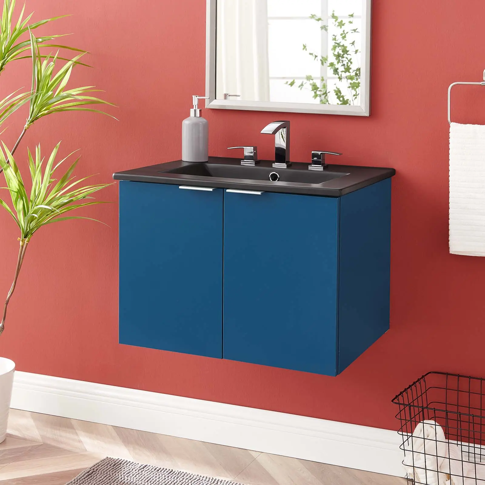 Modway Maybelle 24" Wall-Mount Modern Bathroom Vanity Cabinet, Navy Black Melamine Lamination Finish, Space-Saving Wall-Hanging Design, 8" Centerset Faucet Holes, Storage, Assembly Required