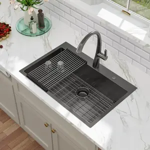 Kichae 30'' x 22'' Topmount Gunmetal Black Nano-Ti Coated Stainless Steel Kitchen Sink, Single Bowl with Sink Grid, Strainer and Roll-up Rack