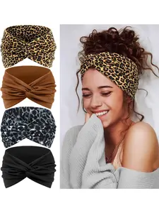 4-Piece Women's Fashion Leopard Print Solid Color Sports Workout Headband Set - Elastic and Soft Headbands for Yoga, Fitness, and Makeup Accessories (Brown, Black, Leopard Brown, Leopard Gray)