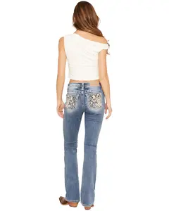 Miss Me Women's Women'S Medium Wash Mid Rise Fleur De Lis Pocket Bootcut - M9618bv