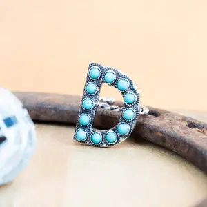 Turquoise Stone Initial Adjustable Ring - Letter D Design with Blue Gemstones and Adjustable Fit