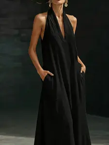 2026 New Summer Women's Casual Daily Comfort Solid V-Neck Dress, Stylish and Simple Design, Perfect for Everyday Wear