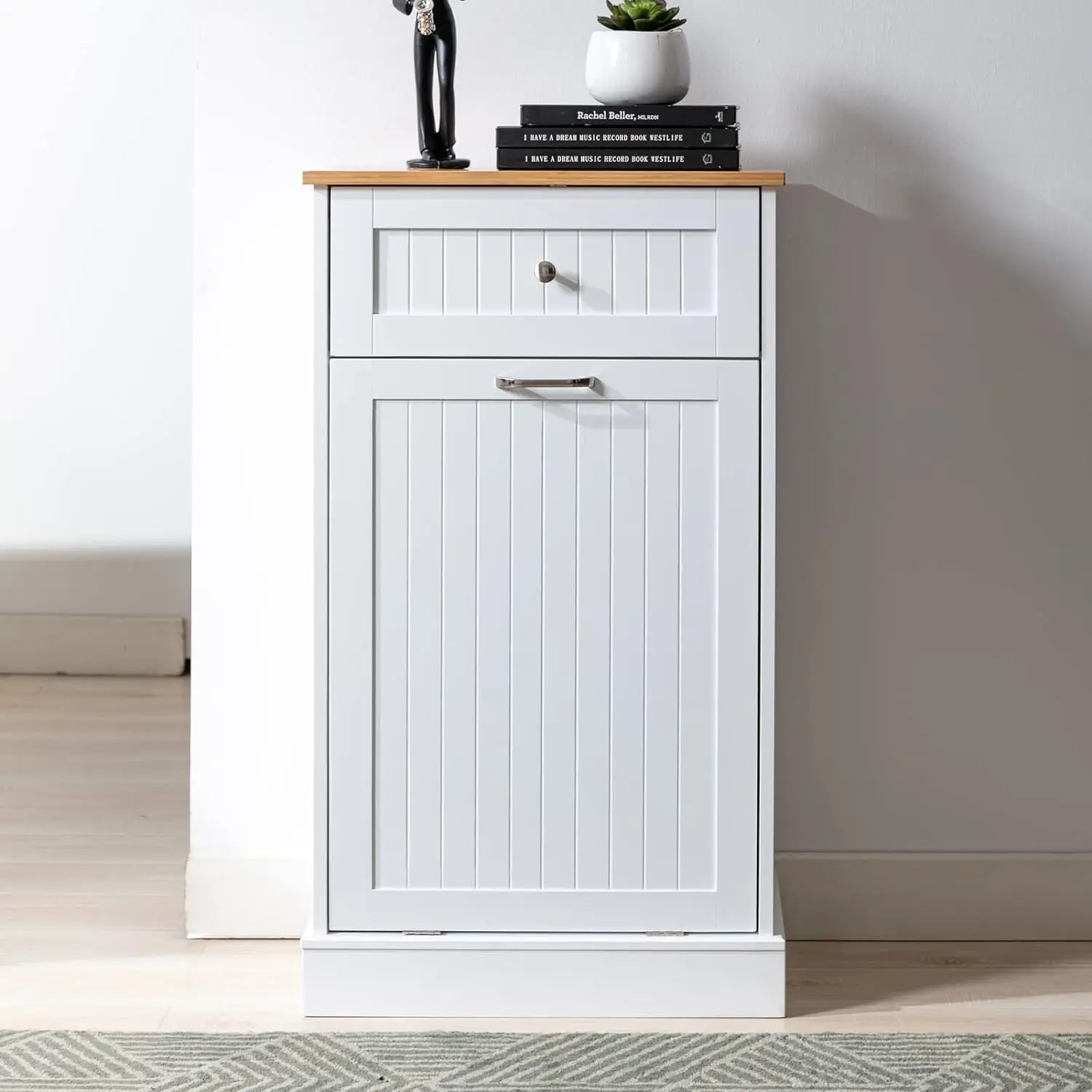 Freestanding Bamboo Tilt-Out Trash Cabinet - Kitchen Cupboard with 1/2/3 Bins, Drawer, Cutting Board, Pet-Proof Storage & Recycling Station