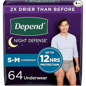 Depend Night Defense Adult Incontinence Underwear for Men, Disposable, Overnight, Small/Medium, Grey, 64 Count (4 Packs of 16), Packaging May Vary