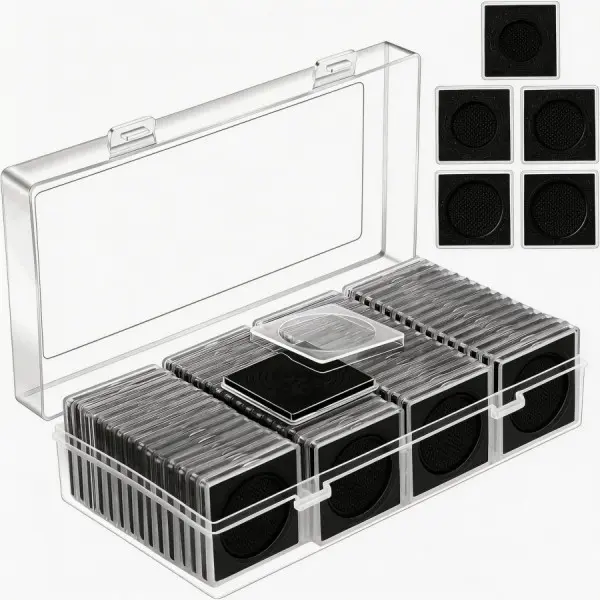 61-piece set (60 clear coin capsules + 1 protective box), with foam gaskets and an acrylic coin storage box, available in 6 sizes: 20/25/30/35/40 mm. Coin collection supplies, ideal for collectors.