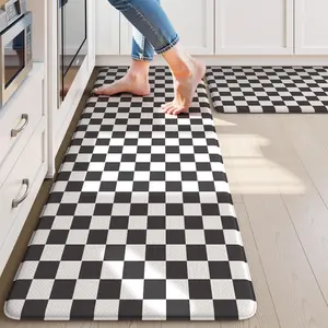 Anti  Kitchen Mat for Floor, 17"x47"+17"x29" Checkered Kitchen Rugs Sets of 2, Kitchen Floor Mats Non-Slip, Cushioned Standing Desk mat for Sink Laundry Office Black and White