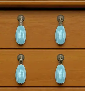 212 MAIN Aqua & Brown Ribbed Texture Ceramic Drawer Pull Knobs - Set of 6, Hand-Painted, Screw-In Hardware Included