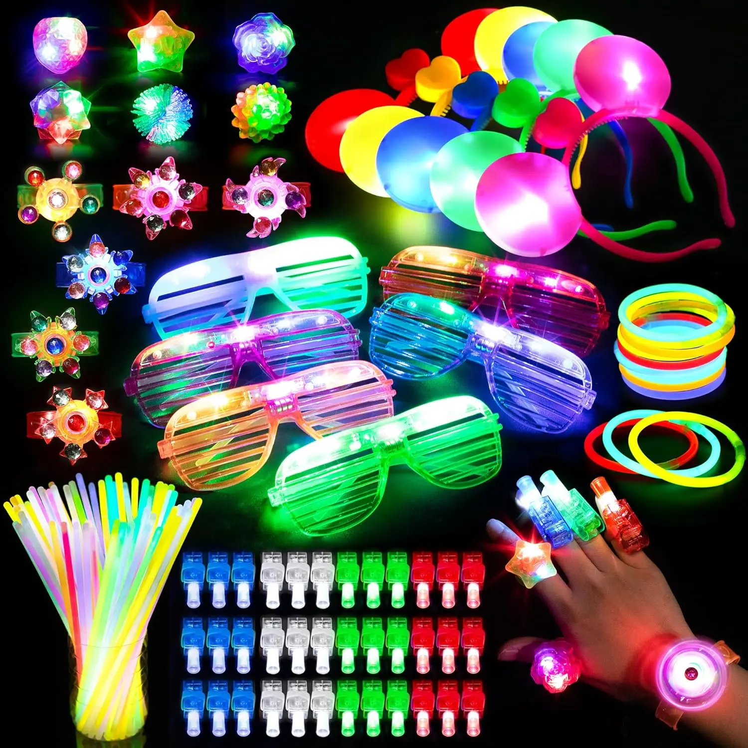 Bulk Glow-in-the-Dark Kids' Party Supplies Pack - Light-Up Favors: Glow Sticks, Glasses, LED Bracelets, Finger Lights, Rings, Headbands, Neon Toys for Birthday, Raves