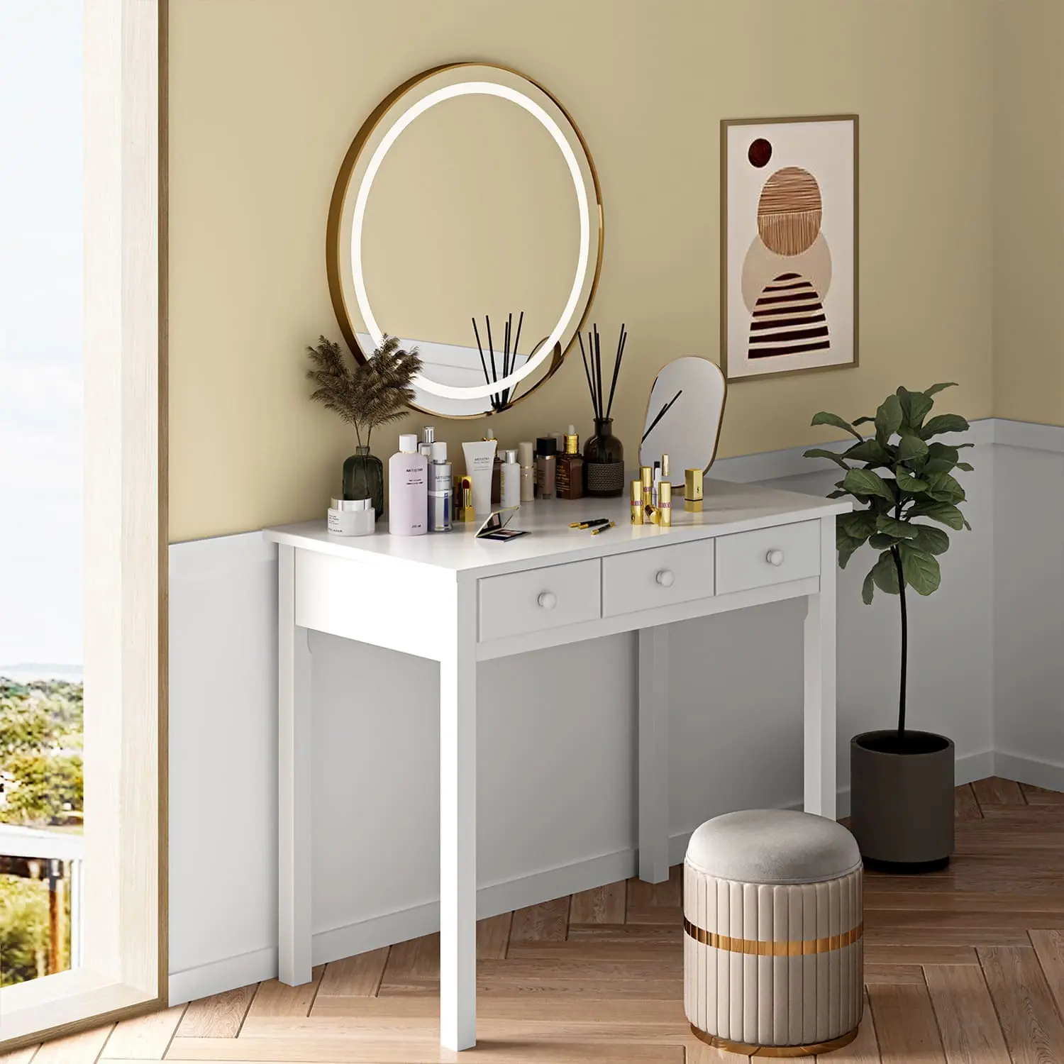 SIKAIC Modern Office Furniture - Solid Pine Wood Legs Writing Desk, 7 Drawers, White Design