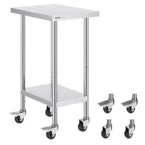 VEVOR Stainless Steel Work Table with Shelf, 24x18x38 in Smooth Surface, 4-Wheel Cart, 3 Adjustable Height Levels, Heavy Duty Food Prep Table for Commercial Kitchens, Silver, Cart With Wheels