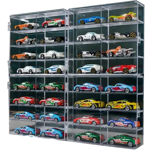 Acrylic 1/64 Scale Car Display Rack & Storage Organization Set, 4 Stackable Compartment Racks (6.5x7.5x1.6in) with 32-Car Capacity, Dust-Resistant Transparent Box, Side-Opening Door for Collector Display & Flat Placement