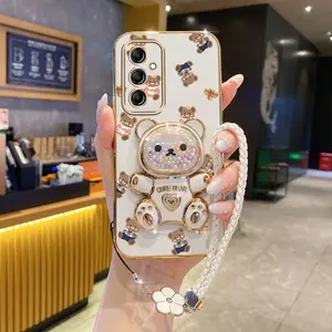 A14 5G Fashion Series Lucky Clover Strap Lanyard Phone Holder Case For Compatible With Samsung Galaxy A14 5G Plating Cover and Elegant Cute Cowboy Bear Protector Cases Accessories Casing