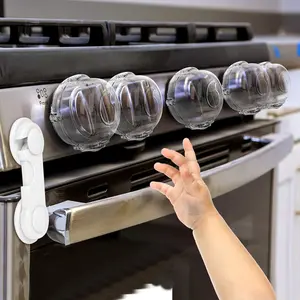 6-Pack Hard Plastic Universal Fit Childproof Locks, Upgraded Ultra Transparent Stove Oven Knob Covers with Adhesive Strips, Double Key Lock & 1-Hand Unlock, Kids Safety Protection for Pets