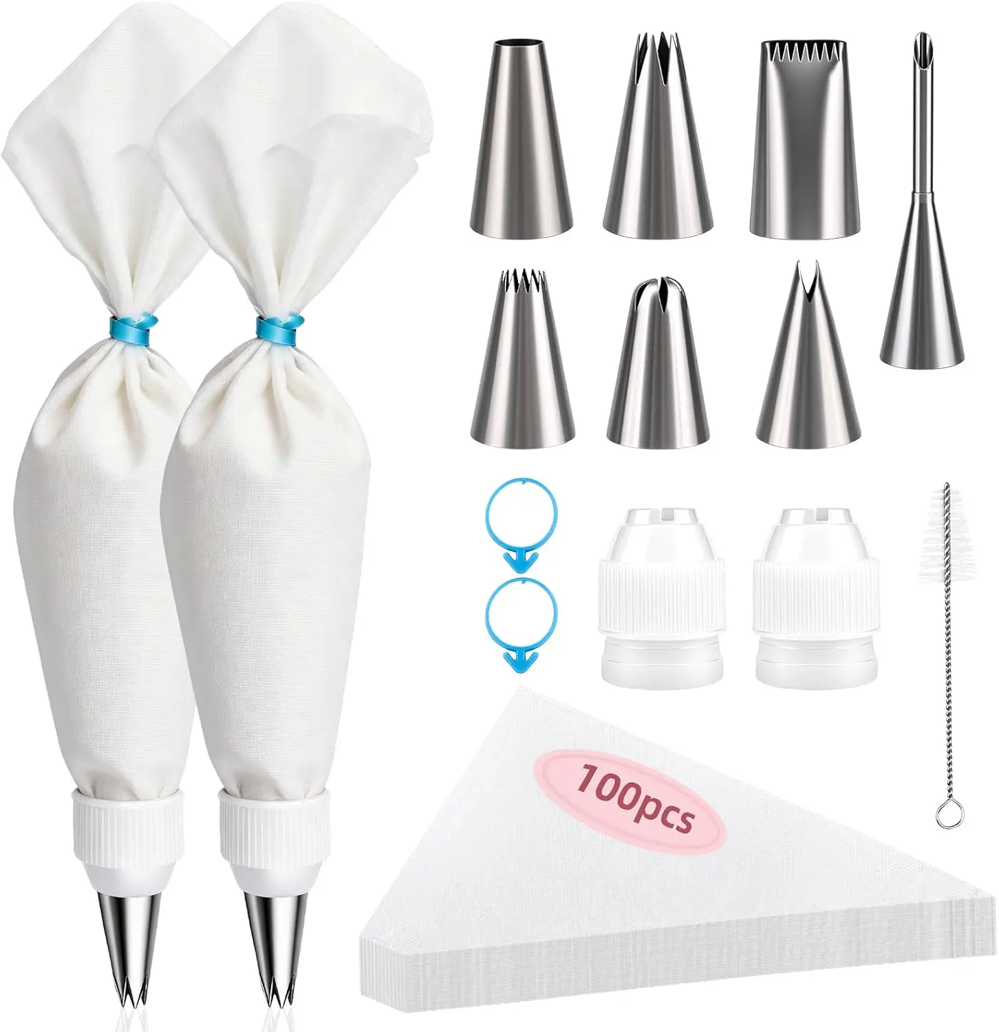 Cleangor Piping Bags and Tips Set, 16 Inch 114 Pcs Cake Decorating Kit with 100 Disposable Icing Bags, 2 Reusable Pastry Bags, 7 Stainless Steel Frosting Tips, 2 Couplers, 2 Bag Ties and 1 Brush