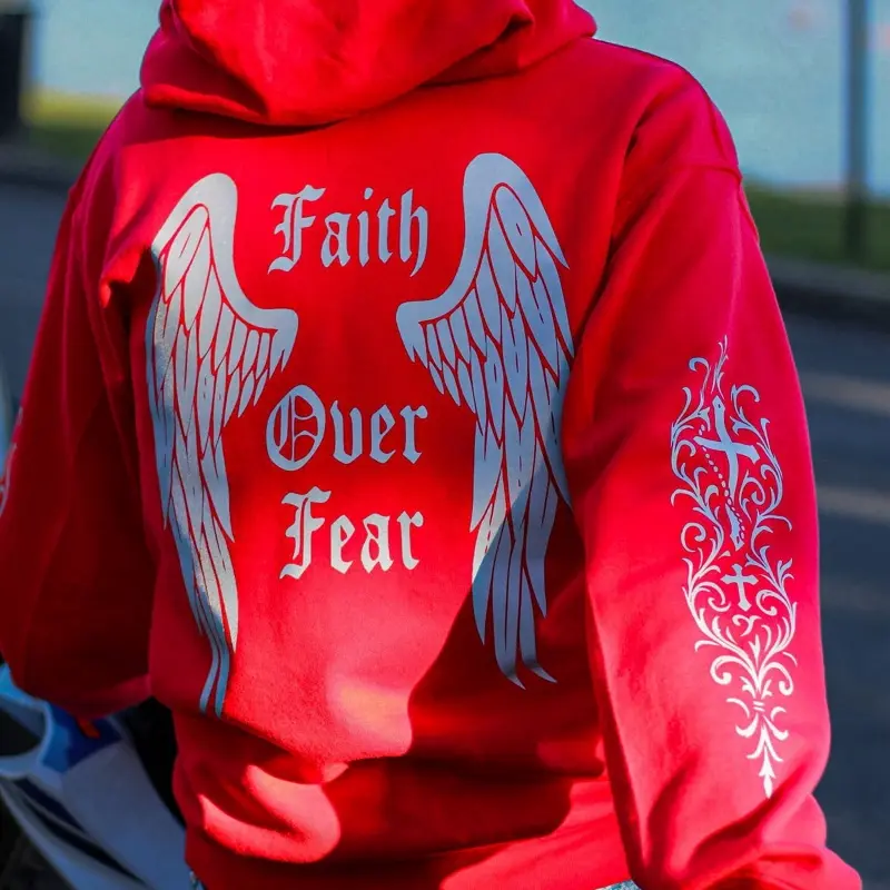 Faith Over Fear Reflective Angel Wings Hoodie Menswear Sweatshirts Long Sleeve Pullover Unisex Biker Soft Streetwear Womenswear Clothes graphic hoodies