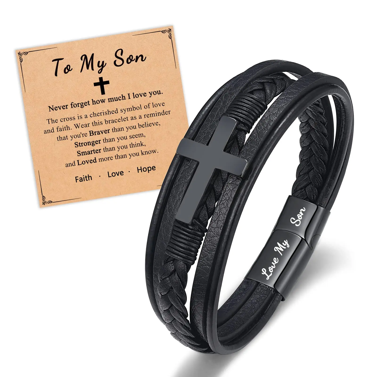 Braided Leather Bracelet for Son with Engraved Cross Charm, Stainless Steel Youth Jewelry, Inspirational Birthday Christmas Gift for Teen Boys