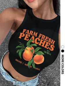 Women's Peach Print Round Neck Tank Top, Casual Sleeveless Crew Neck Top for Summer, Ladies Clothes for Daily Wear