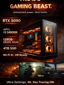 RTX 5090 Gaming PC Desktop w/ LCD Screens – Ryzen 9 9950X3D, 64GB DDR5, 4TB NVMe, Windows 11