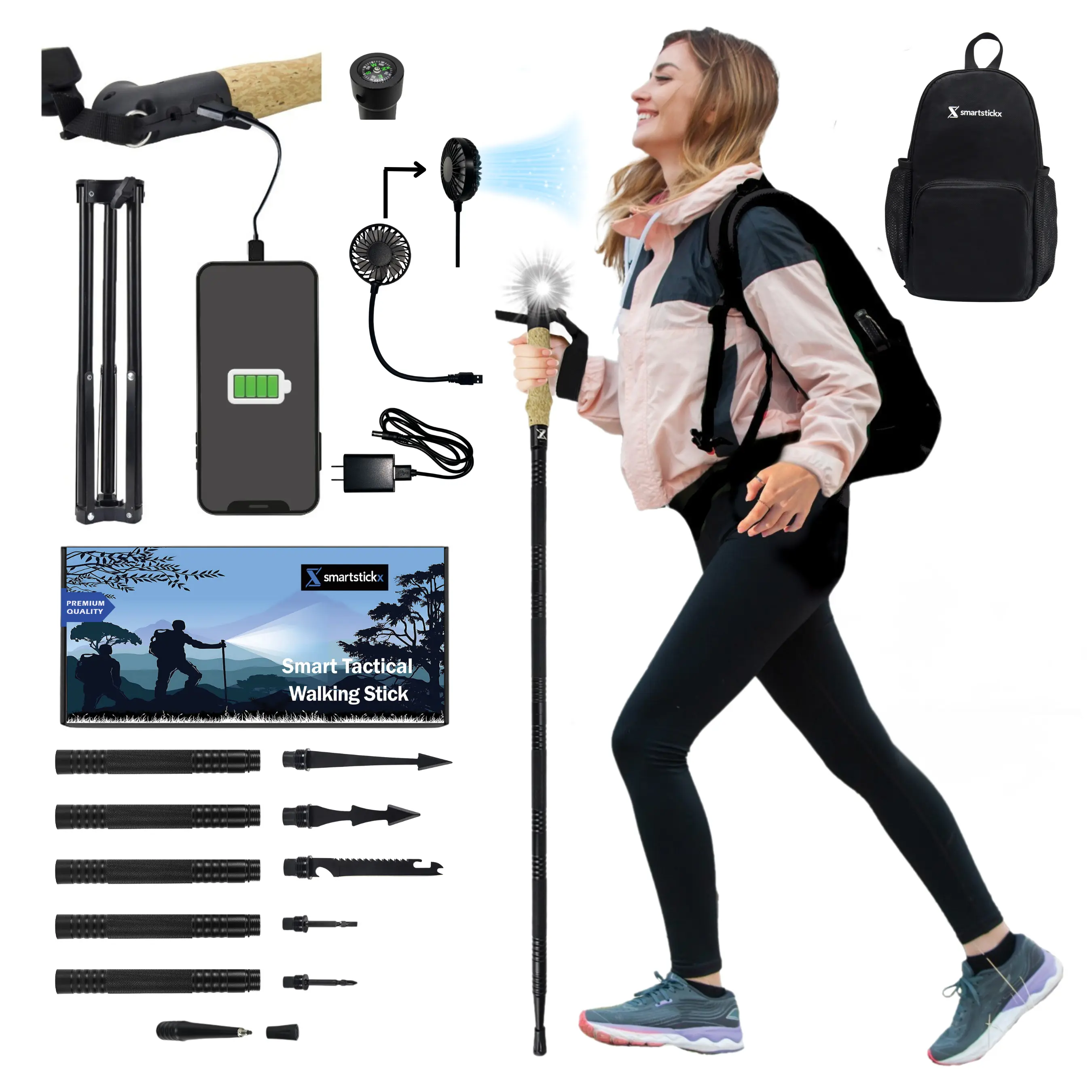 SmartstickX Survival Walking Stick - The Ultimate All-in-One Tactical Tool for Adventure, Power & Protection
