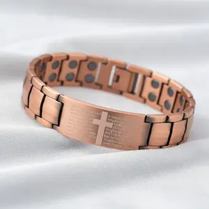Mens Rose Gold Magnetic Bracelet – Engraved Cross & Prayer Design, Adjustable Link Chain, Faith-Inspired Jewelry for Daily Wear or Gift