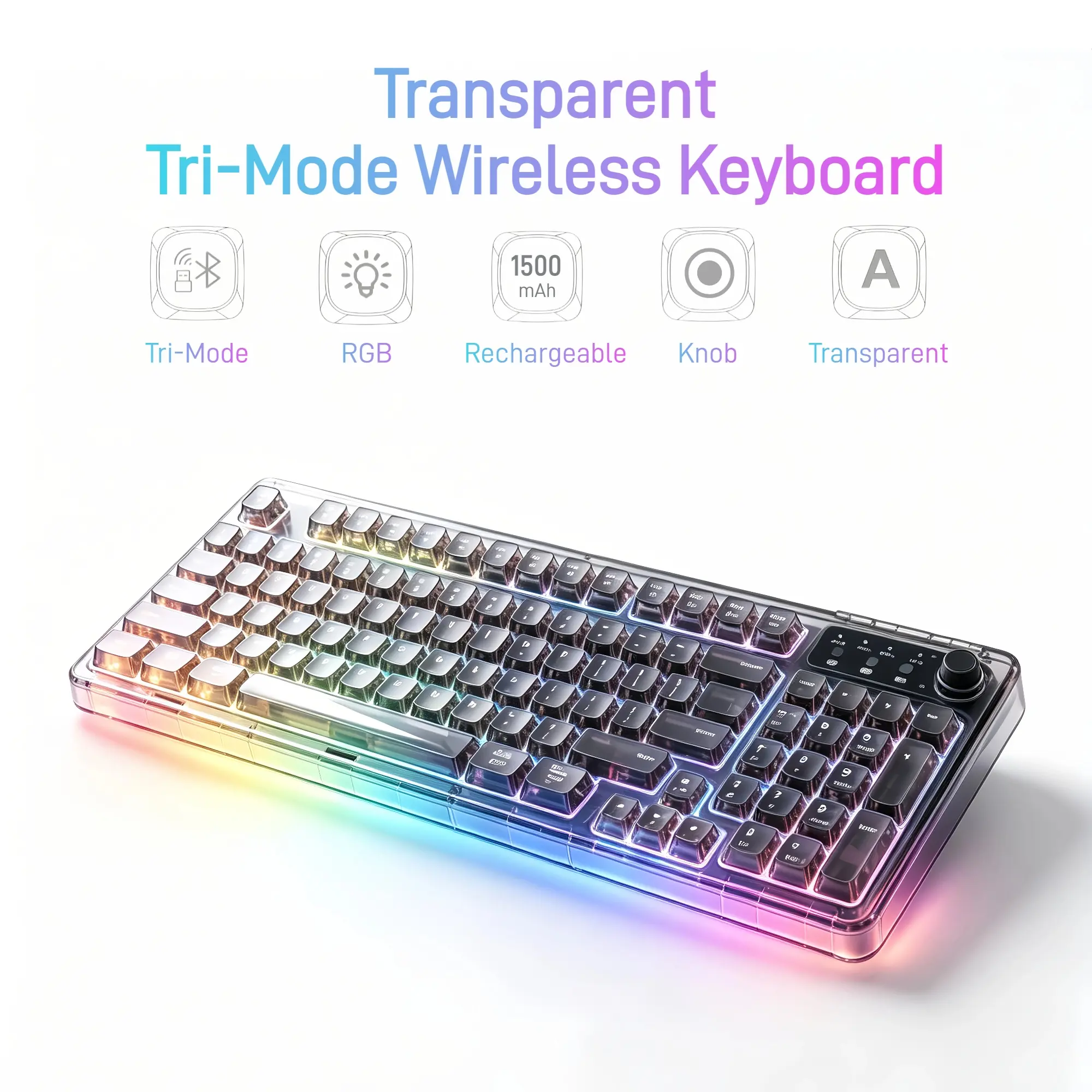 F99 Crystal Transparent RGB Gaming Keyboard for PC Setup, 99-Key Wireless Keyboard with Mechanical Feel, Tri-Mode Bluetooth 5.0/2.4G/USB-C Connection, Rechargeable Backlit Keyboard with Volume Knob for Gaming Room, RGB Desk Setup & Computer, Black