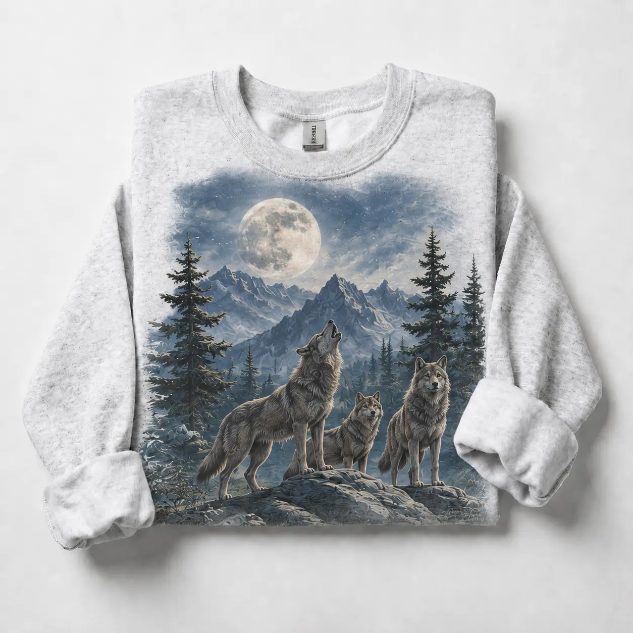 Vintage Howling Wolf Full Moon Sweatshirt - Forest Wilderness Nature Crewneck Pullover for Men Women