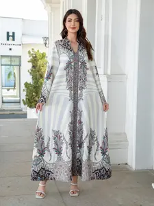 Women's Long Robe Dress Abaya, Stand Collar Design, Printed Embellished Beaded New Style, Cross-Border Muslim Fashion