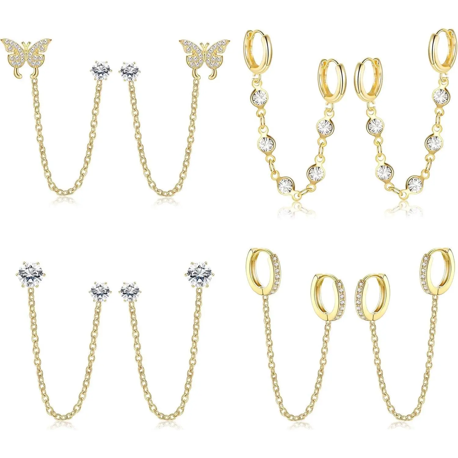 CASSIECA Women's 4-Pair Dainty Stacking Earrings Set, 14 Karat Gold Plated Double Piercing Jewelry with Sparkling CZ Chain, Butterfly Dangle Hoops, Cartilage Studs - Earring for Women for Daily Wear, Summer Vibes