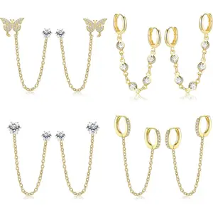 CASSIECA Women's 4-Pair Earring Stack Set, 14 Karat Gold Plated Double Piercing Jewelry with Sparkling CZ Chain, Butterfly Dangle Hoops, and Cartilage Studs for Daily Wear SummerVibes