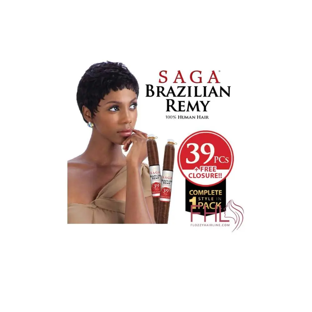 SAGA Hair Extensions, Brazilian Remy 100% Human Hair for Short Pixie Cuts, 39-Piece Set with Free Closure, Clip Hair Extensions