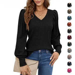 Women's Knit Shirt Soft Puff Long Sleeve Blouse Tops Lightweight V Neck Tunic XS-XXL Casual Winter Fitted Plain Black Thin