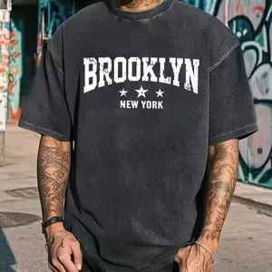 Men's Brooklyn New York Pattern T-Shirt | Vintage Washed Street Style, Loose Short Sleeve Tee, Star & District Design, Soft Breathable Fabric, Crew Neck Regular Fit, All-Season Daily Casual Wear