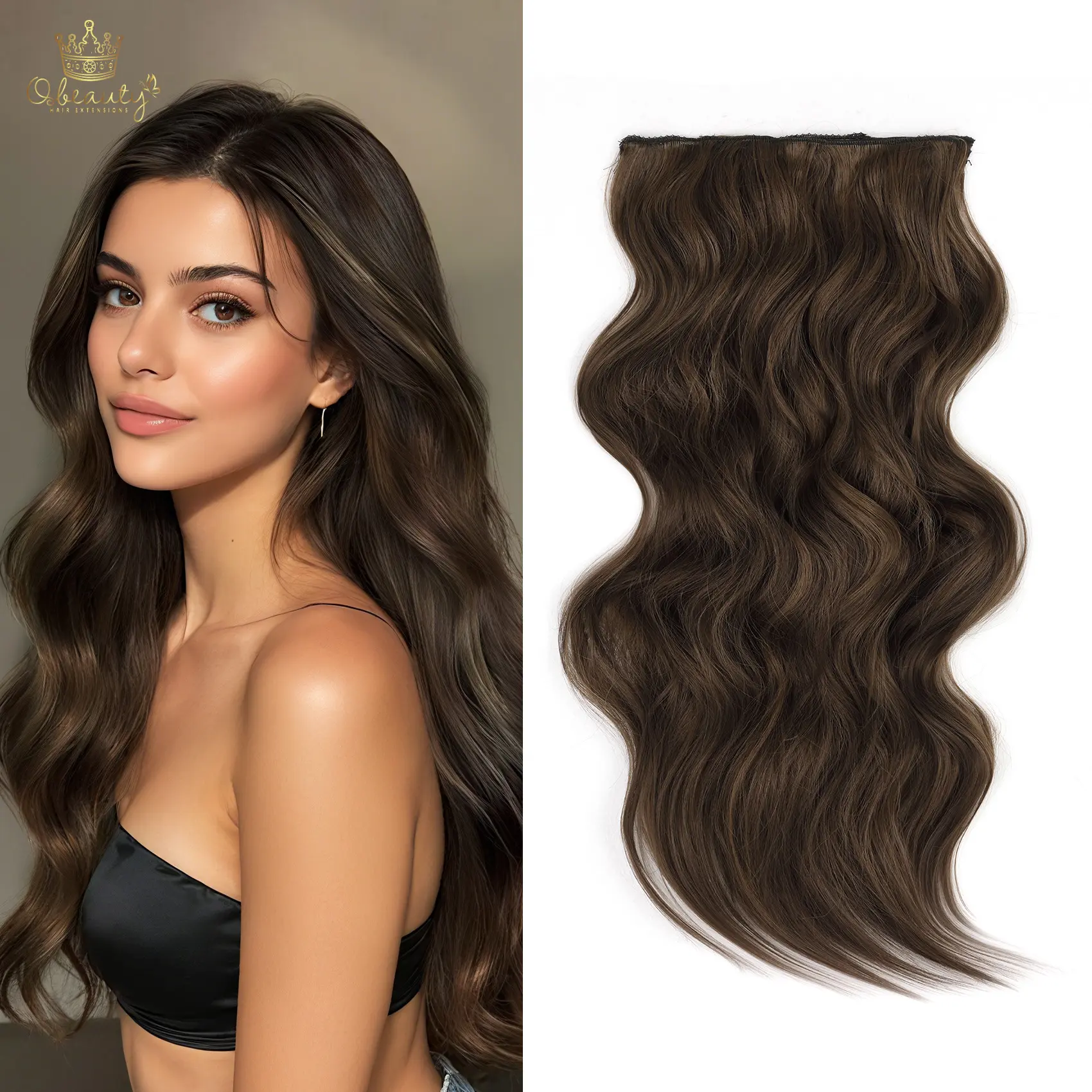 Qbeauty Women's Clip in Hairpieces, 4PCS Medium Ash Brown Long Wavy Synthetic Extensions, Thick Double Weft Natural Ash Hair Extensions, Clip In Extensions