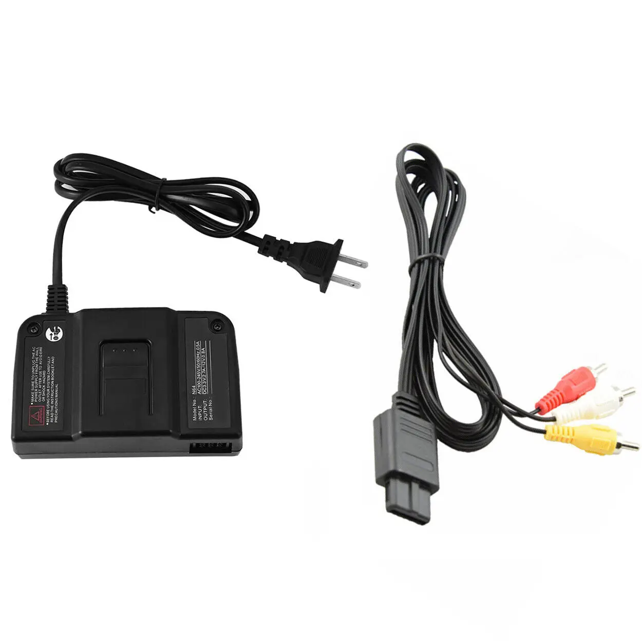 Brand New AC Adapter Power Supply & AV Cable Cord Bundle - Video Game Accessories for Nintendo 64 (N64) with Stereo Audio & Plug