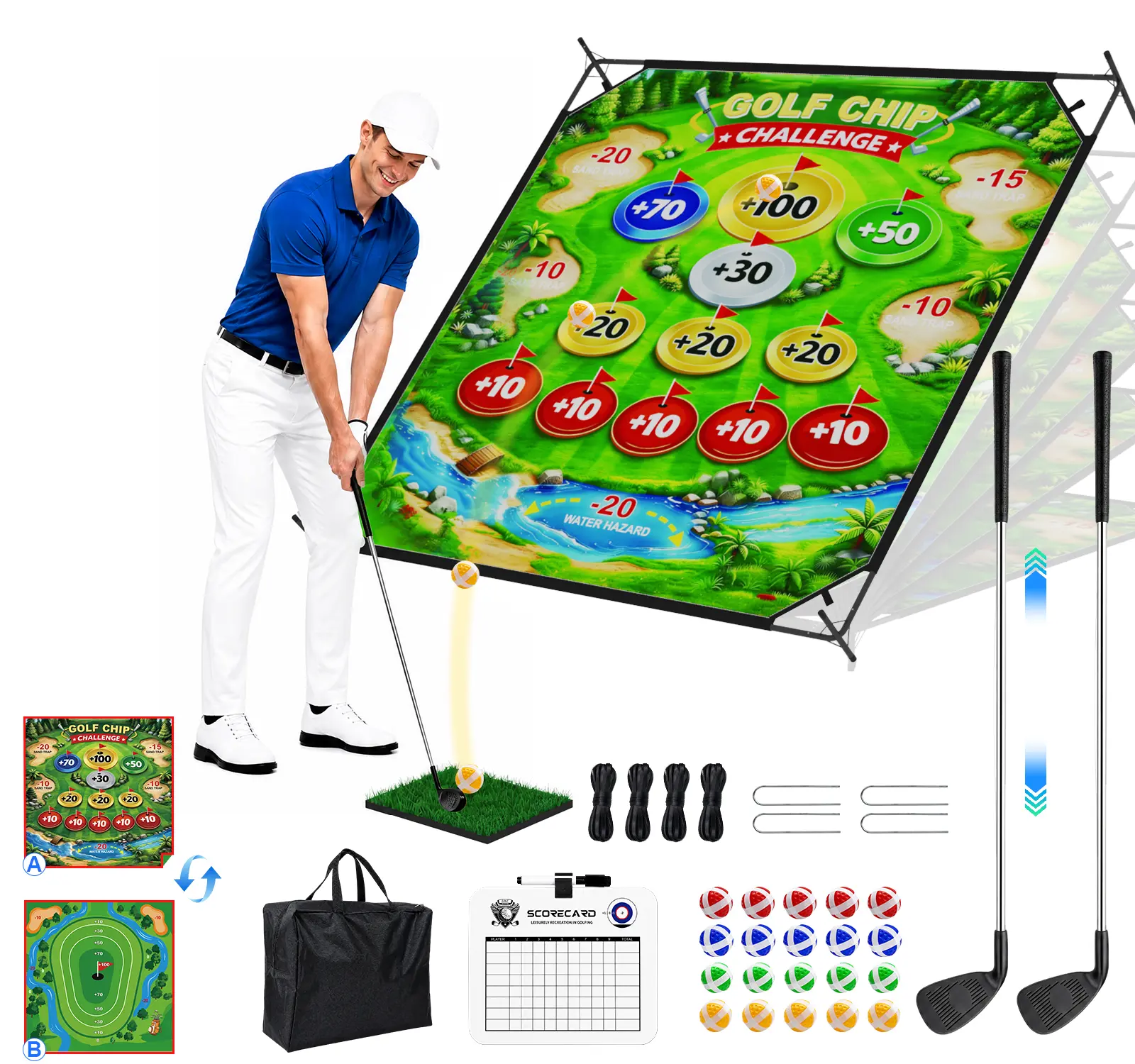 【New Arrival】Golf Chipping Game Set with Adjustable Target Net, Portable Backyard Golf Practice Trainer for Indoor Outdoor Family Competition