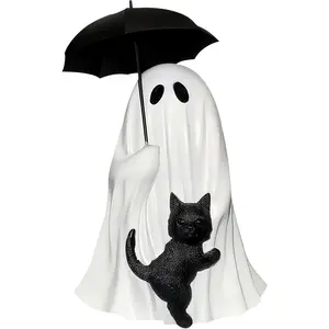 Ghost Holding Black Cat Statue Halloween Ghost Figurines, Ghost Cat with Umbrella Figure for Home Tabletop Funny Decoration (Ghost Holding Umbrella)