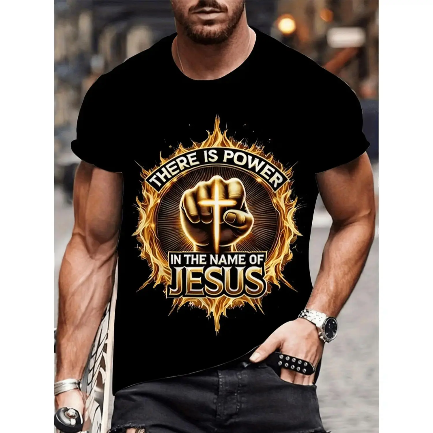 Men's 3D Print T-Shirt Featuring 'There Is Power in the Name of Jesus' Graphic, Breathable Comfortable Polyester, Urban Streetwear Style, Casual Round Neck Everyday Wear, Durable Bold Graphic Tee