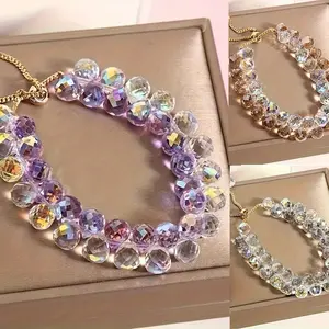 Elegant Women Handmade Double Layer Artificial Crystal Bracelet Colorful Beaded Romantic Adjustable Bangle Bohemian Vintage Shiny Chain Vacation Travel Beach Exquisite Bracelet Jewelry Gift